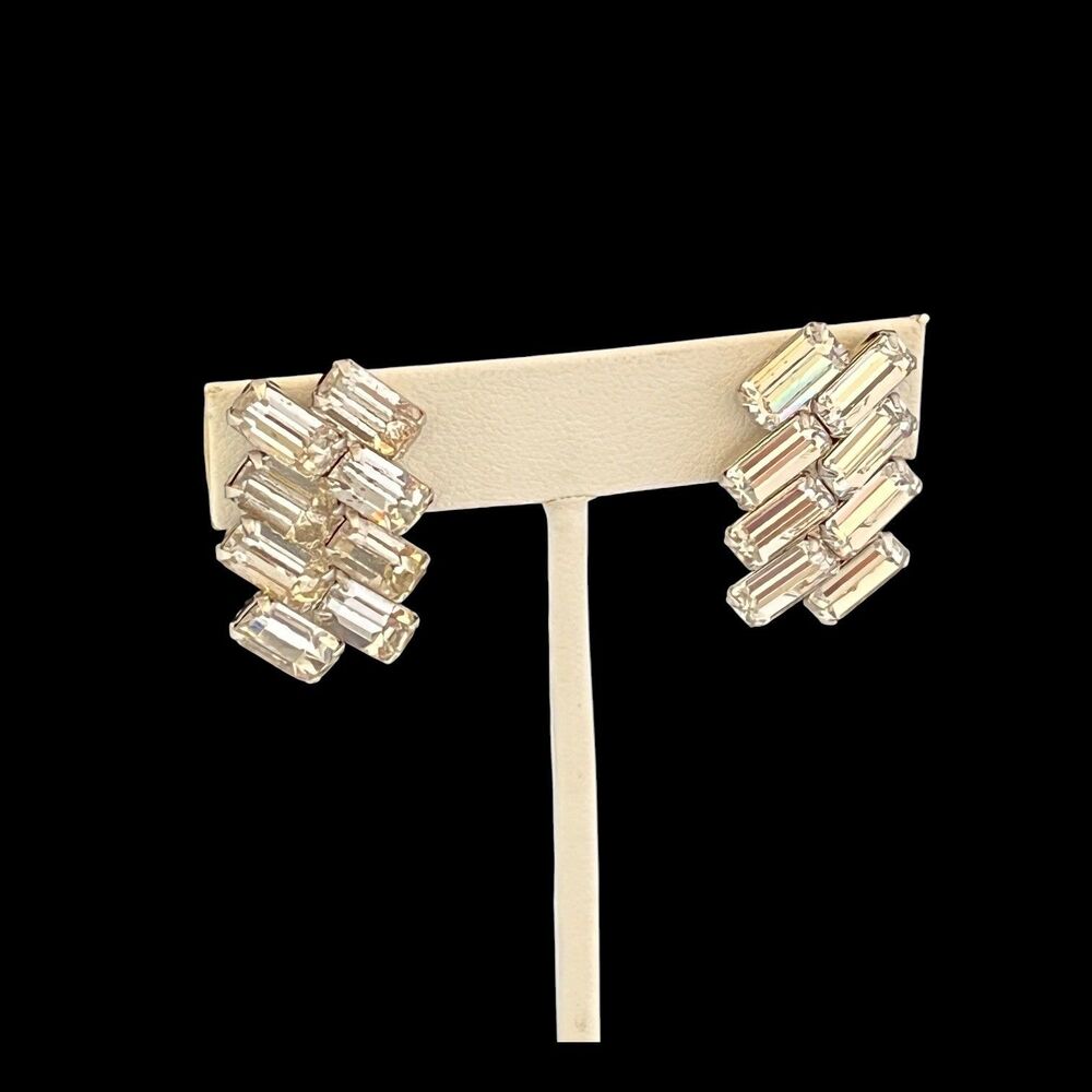 Vintage 1980s Kirks Folly Silver Crystal Baguette Clip Earrings - 7Y
